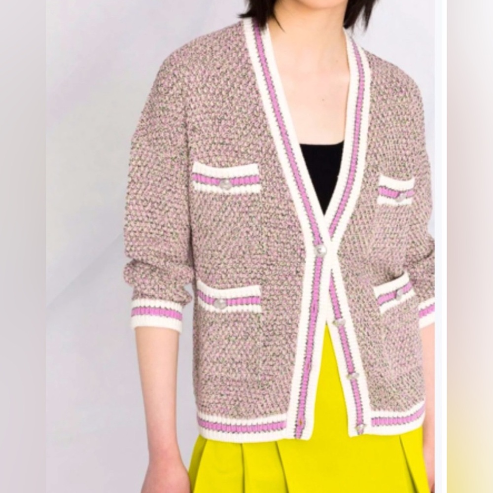 Maje Pink Tweed Cardigan with White Trim